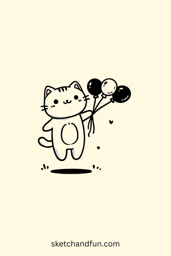Cat Drawing Idea Cute, Cat with Balloons Easy Drawing