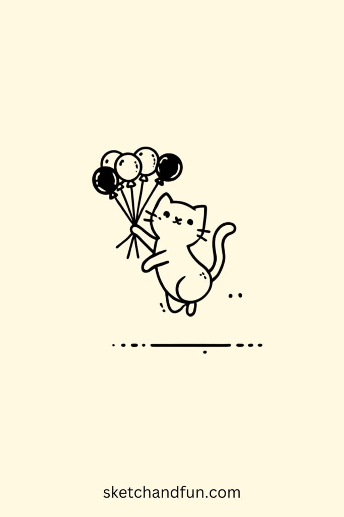 Simple Cat Drawing, Cat with Balloons Easy Drawing