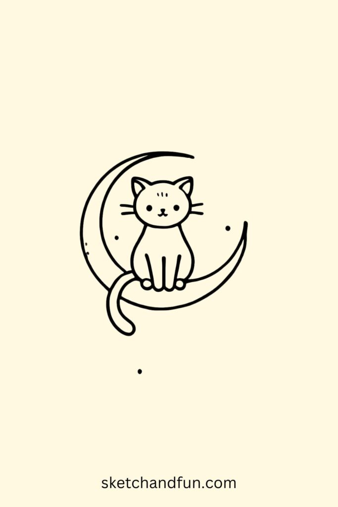 Cat Drawing Cute, Cat on the Moon Easy Drawing