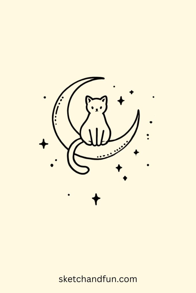 Cat Drawing Cute, Cat on the Moon Drawing