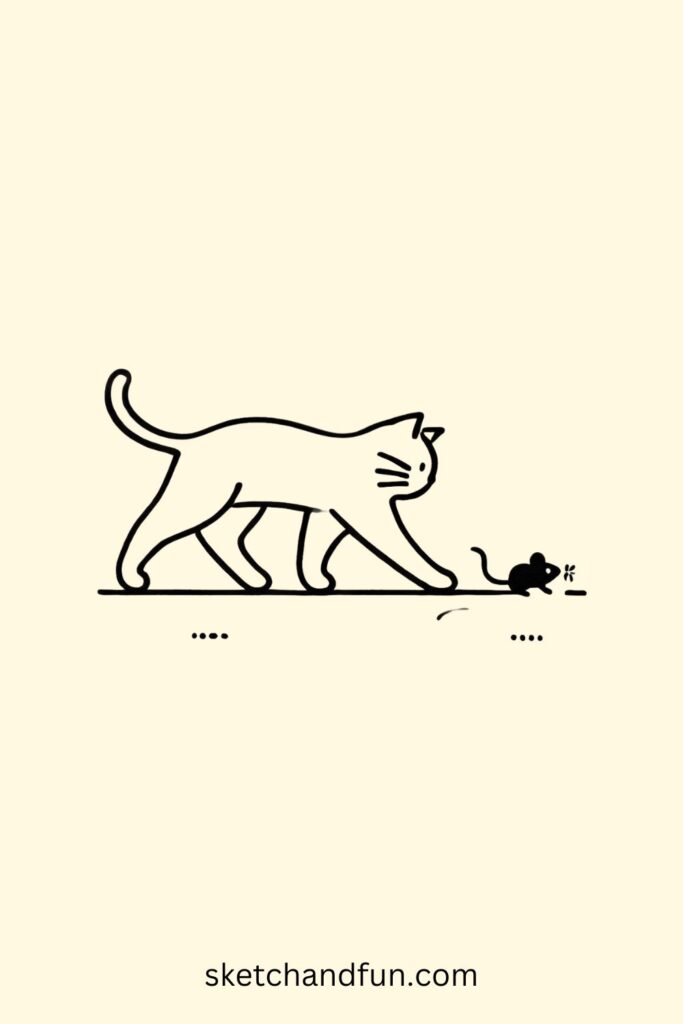 Cute Cat Drawing, Cat and Mouse Drawing Easy