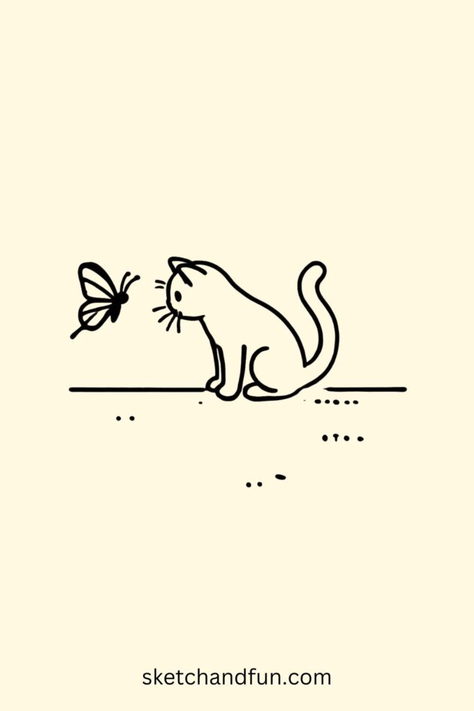 Cute Cat Drawing, Cat and Butterfly Easy Drawing