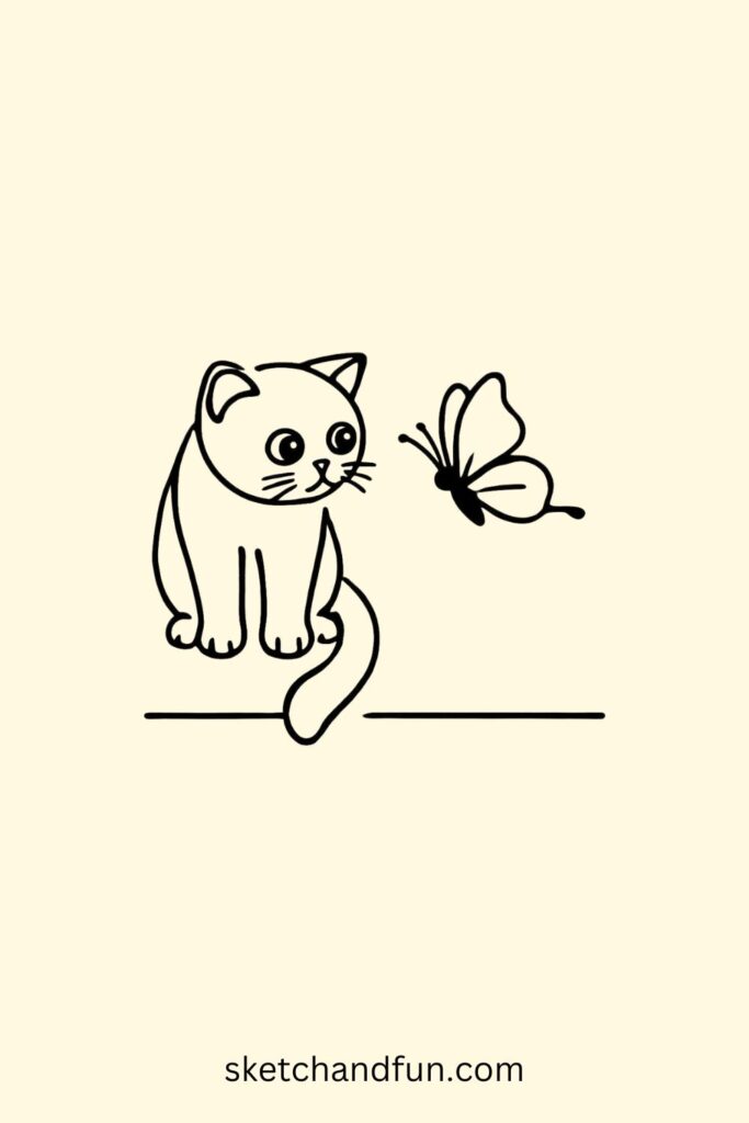 Cat Drawing Easy Cute, Cat and Butterfly Easy Drawing