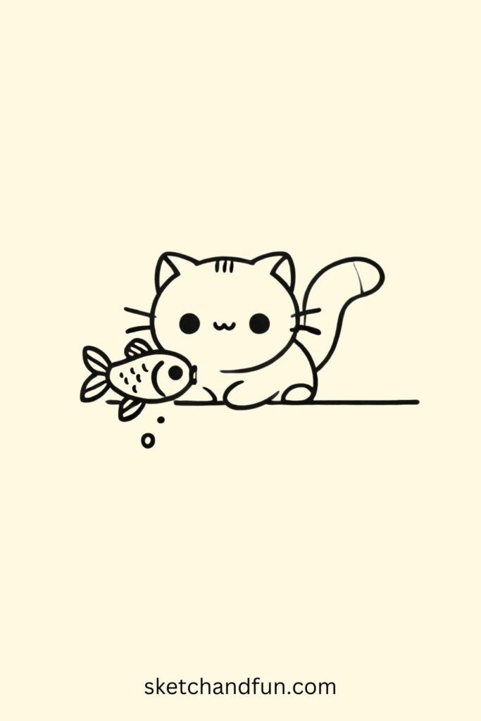Cat with a Fish Easy Drawing