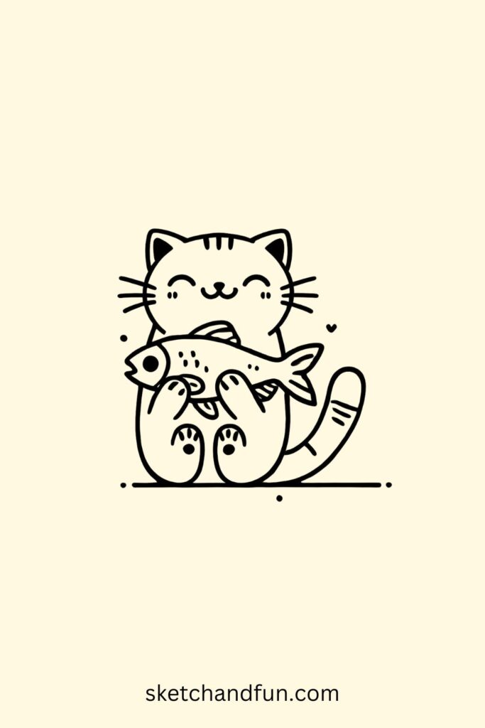 Cute Easy Cat Drawing Idea, Cat with a Fish