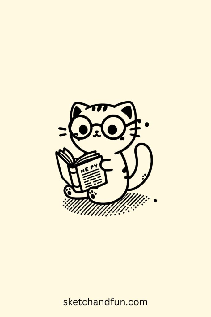 Cute Cat Drawing, Reading Cat Easy Drawing For Kids