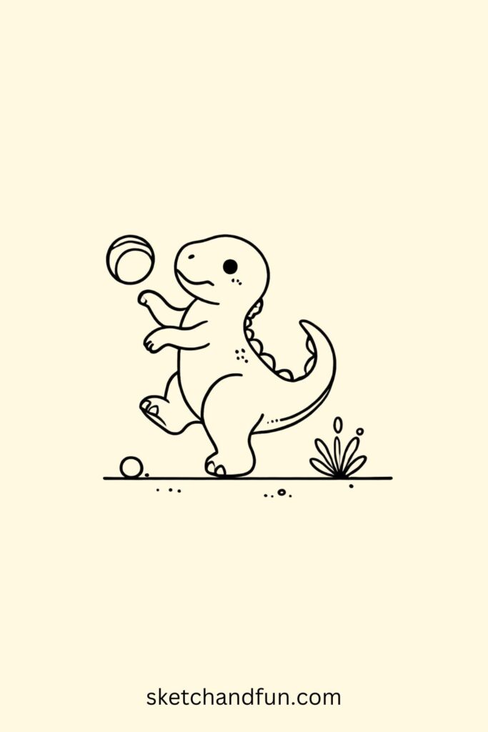 Dino Playing with a Ball Easy Drawing