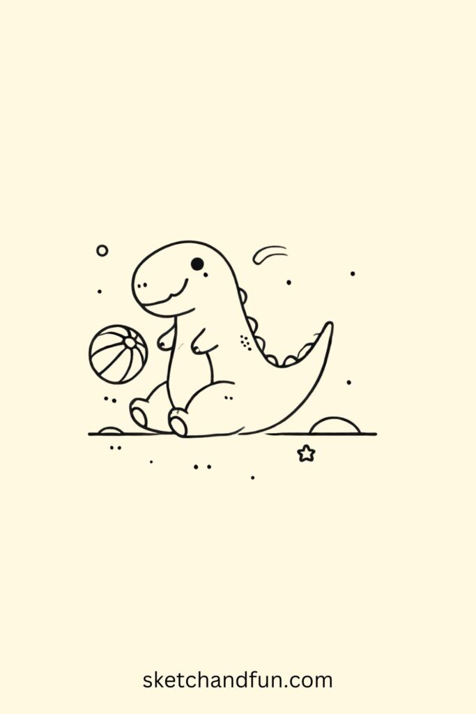 Dinosaur Drawing Cute, Dino Playing with a Ball 