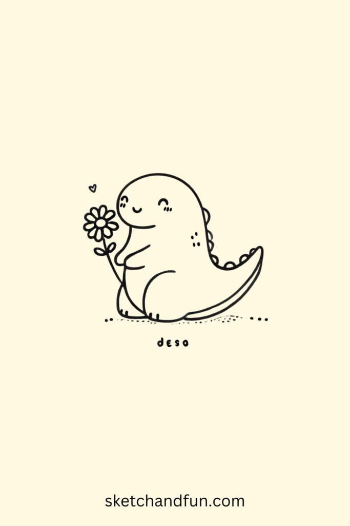 Easy Cute DInosaur Drawing, Dino with a Flower