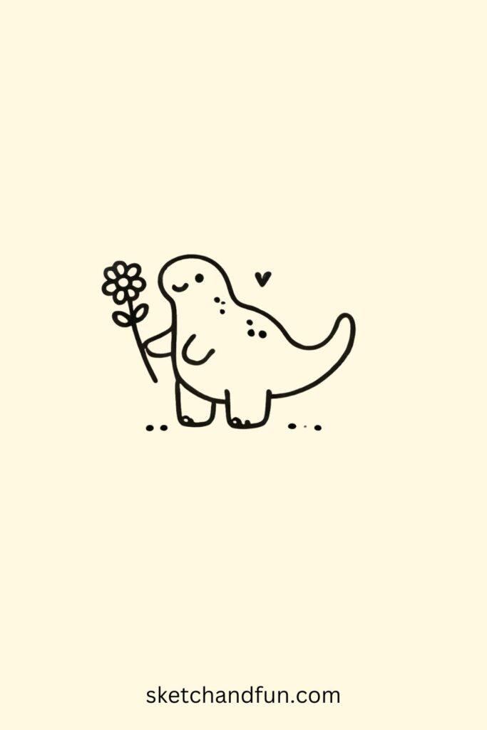 Easy Cute DInosaur Drawing, Dino with a Flower