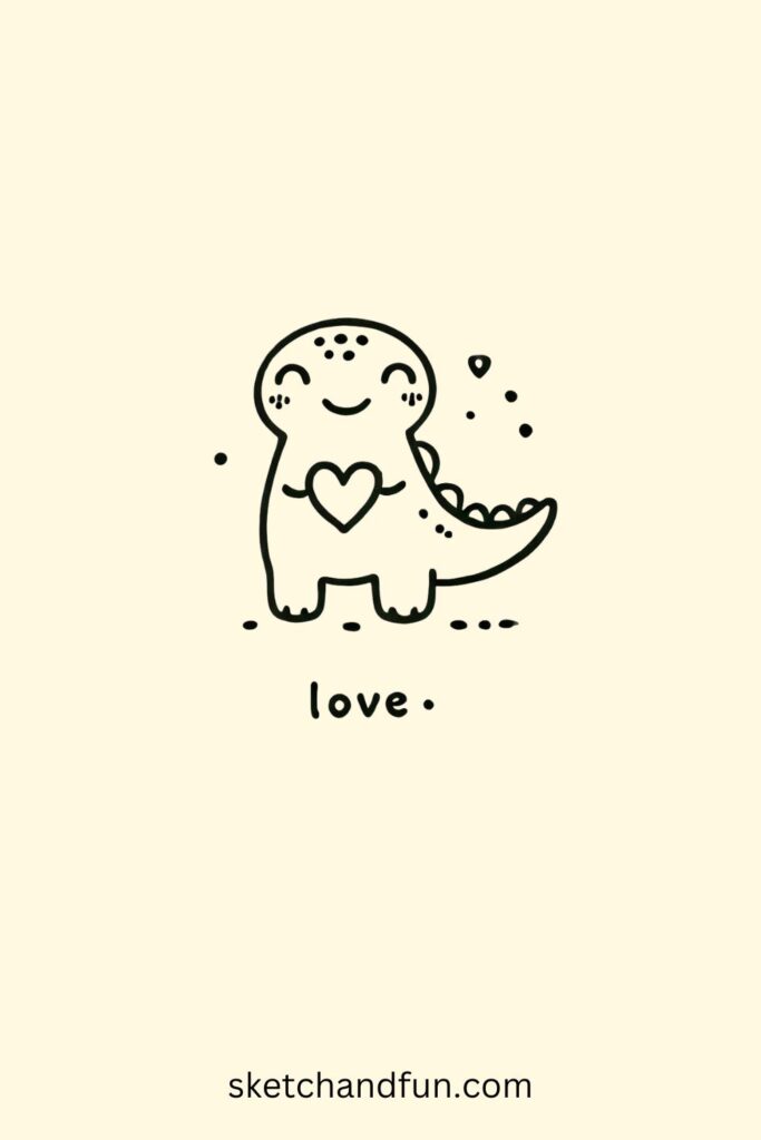 DIno Drawing Easy Cute, Dino with a Heart Drawing