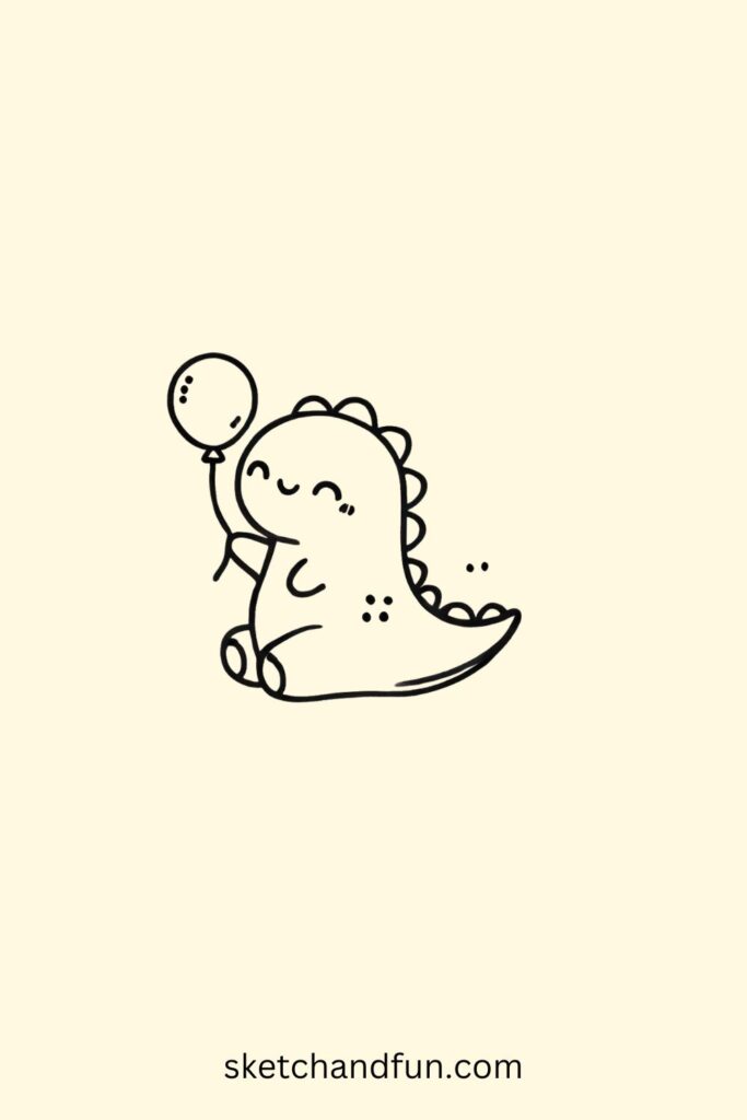 Small Cute Dinosaur Drawing, Dino with a Balloon