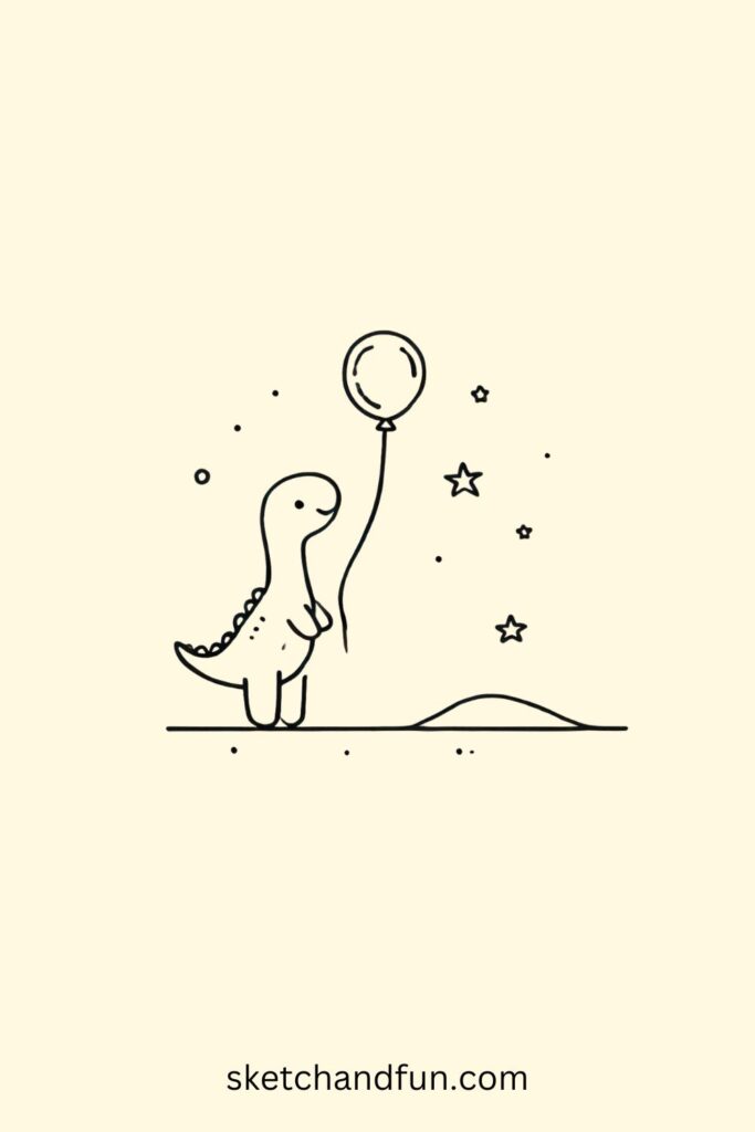 Small Cute Dinosaur Drawing, Dino with a Balloon