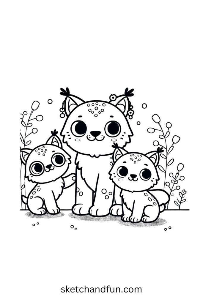 Lynx Family Fun with Two Cubs 