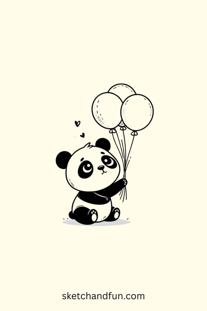 Kawaii Panda Drawing, Panda with Balloons Drawing