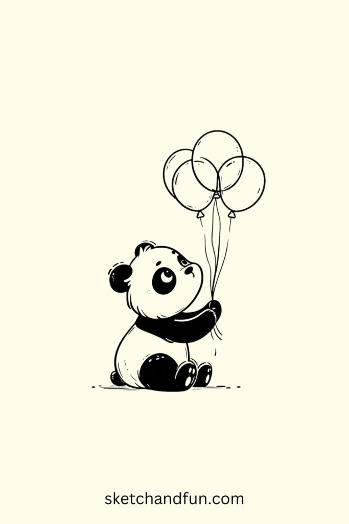 Kawaii Panda Drawing, Panda with Balloons Drawing