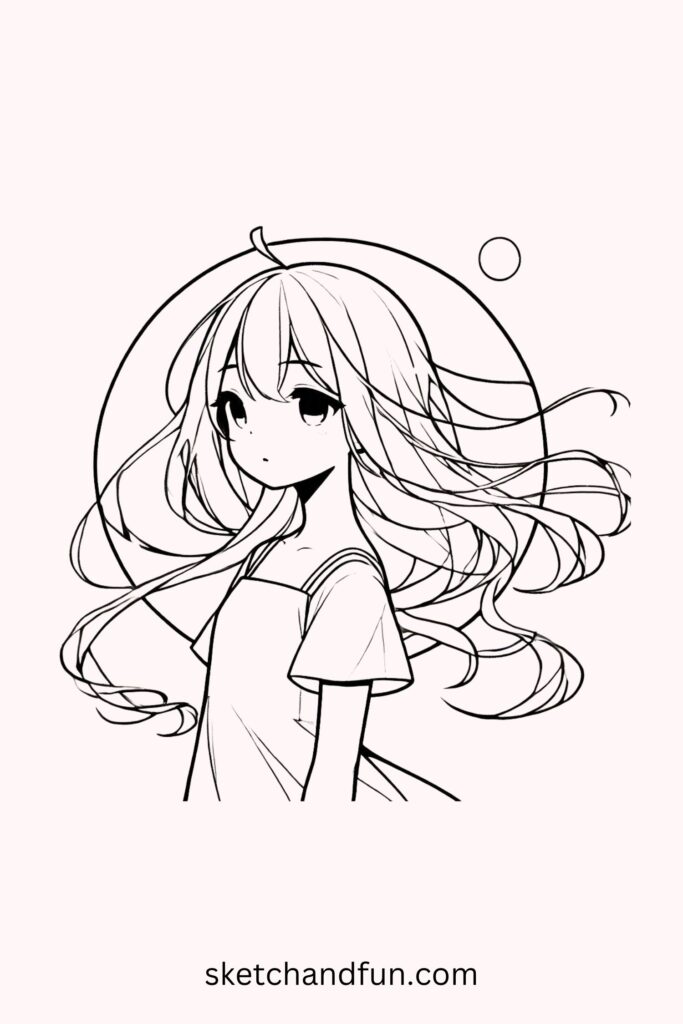 Anime Girl with Long Flowing Hair Drawing