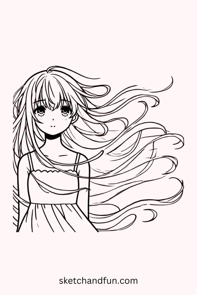 Anime Girl with Long Flowing Hair Drawing