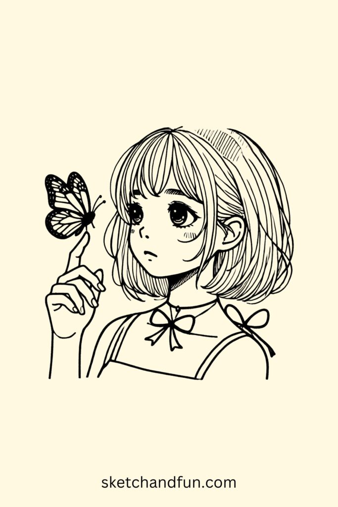 Anime Girl with a Butterfly Perched on Finger Drawing