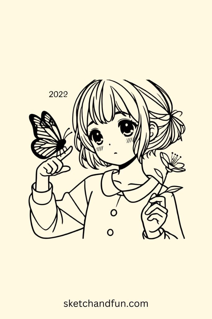 Anime Girl with a Butterfly Perched on Finger Drawing