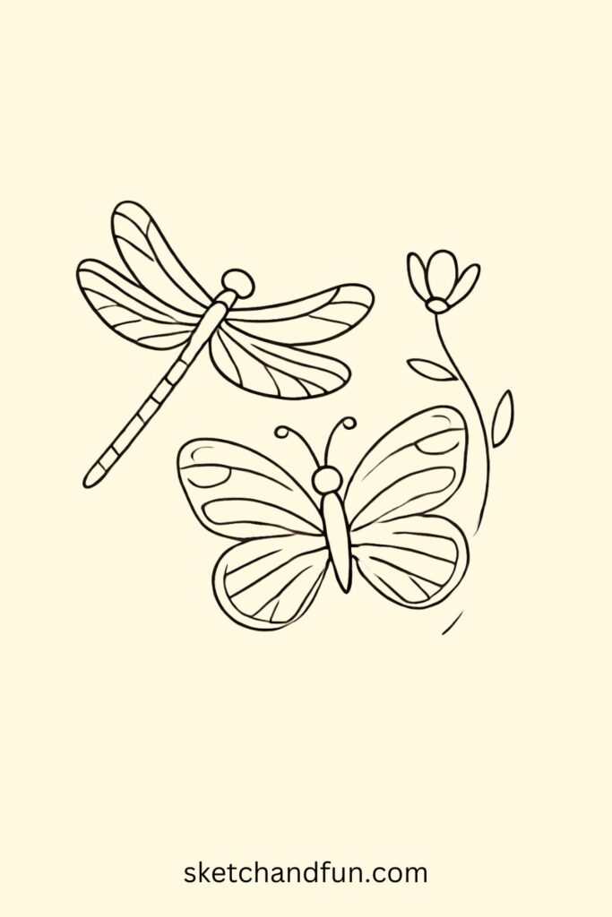 Simple Dragonfly Drawing, Dragonfly With Butterfly Buddy Drawing