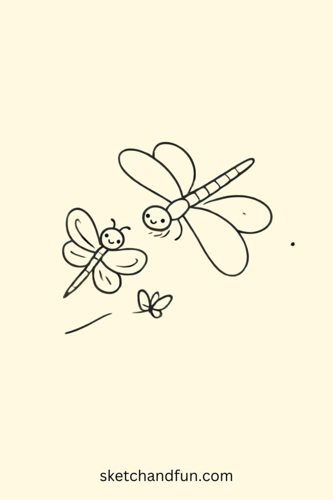 Simple Dragonfly Drawing, Dragonfly With Butterfly Buddy Drawing
