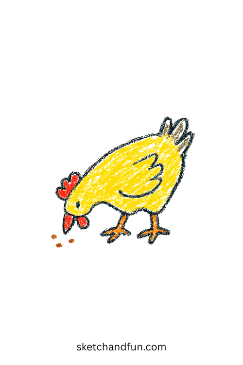 Easy chicken drawing for beginners, cute farm animal art of chicken pecking on the ground, fun and simple sketch for kids and adults.