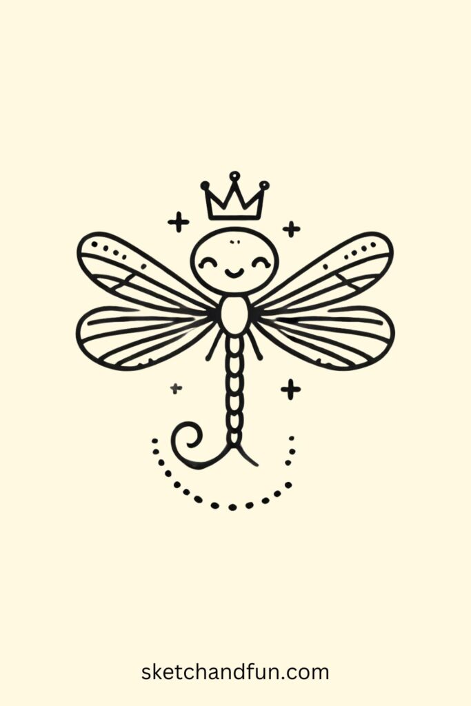 Cartoon Dragonfly Drawing, Royal Dragonfly With Crown Drawing