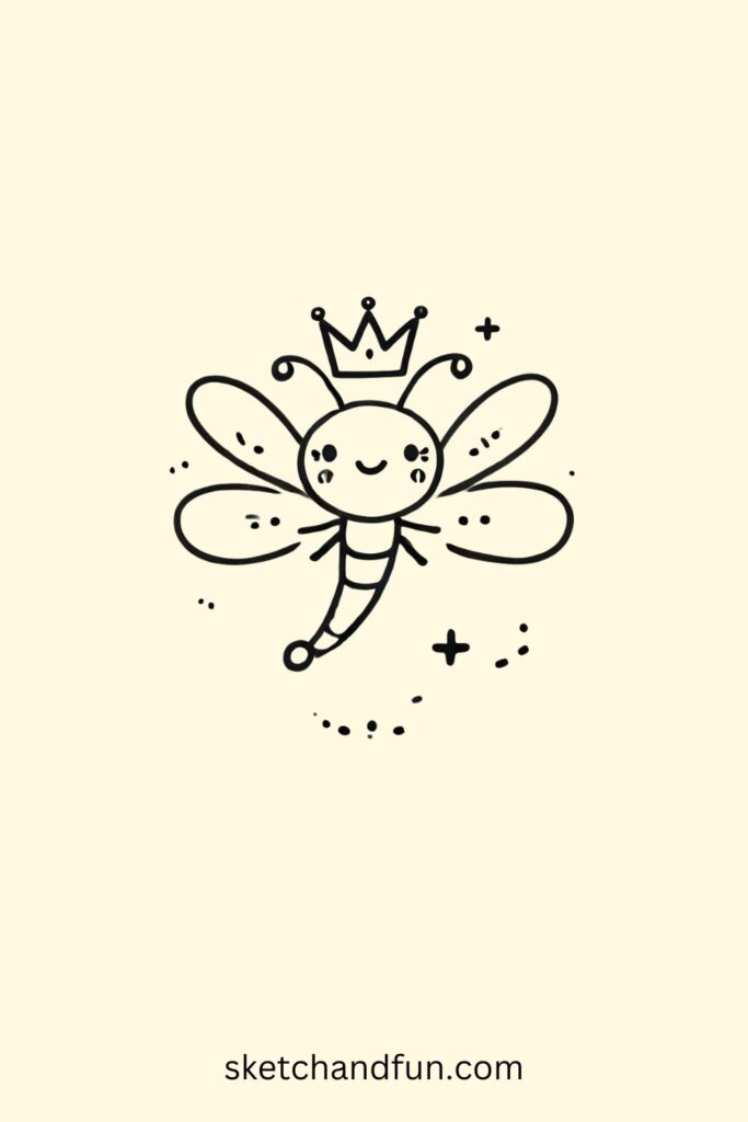 Cartoon Dragonfly Drawing, Royal Dragonfly With Crown Drawing