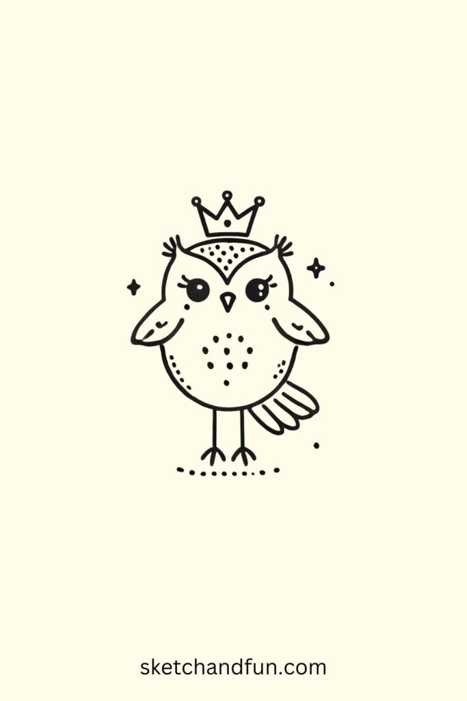 Owl Drawing Ideas For Kids, Owl with a Crown Drawing