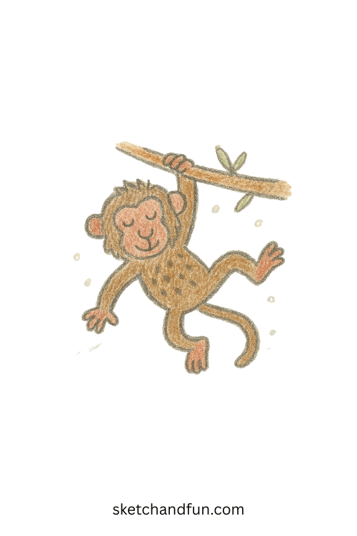 Beginner baboon drawing of a playful baboon swinging on a branch, easy animal sketch idea for kids learning jungle wildlife art.