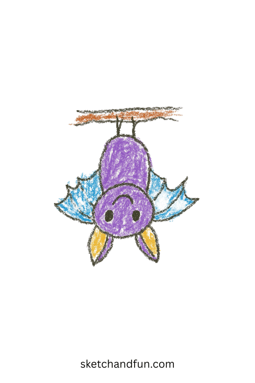 Beginner bat drawing of an adorable bat hanging upside down, simple animal sketch idea for kids exploring night creatures.
