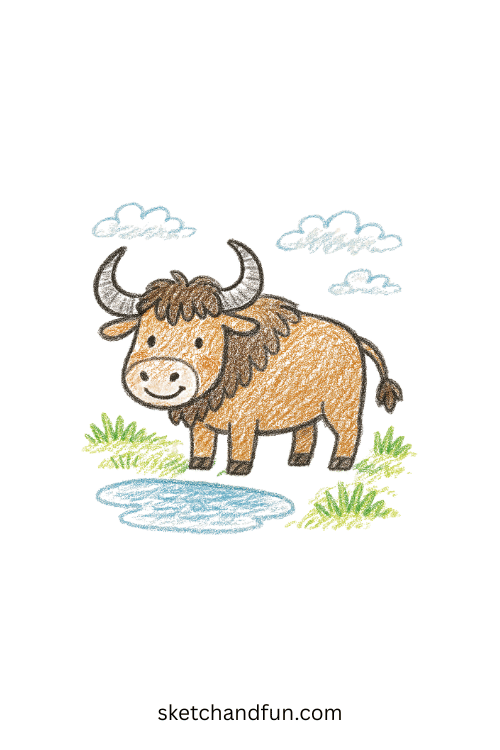 Beginner buffalo drawing of a friendly buffalo near a pond, easy animal art idea for kids practicing farm and wild animal sketches.