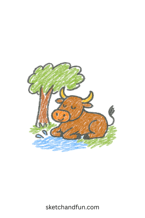 Beginner bull drawing of a gentle bull resting under a tree, easy farm animal sketch perfect for kids learning how to draw barnyard animals.