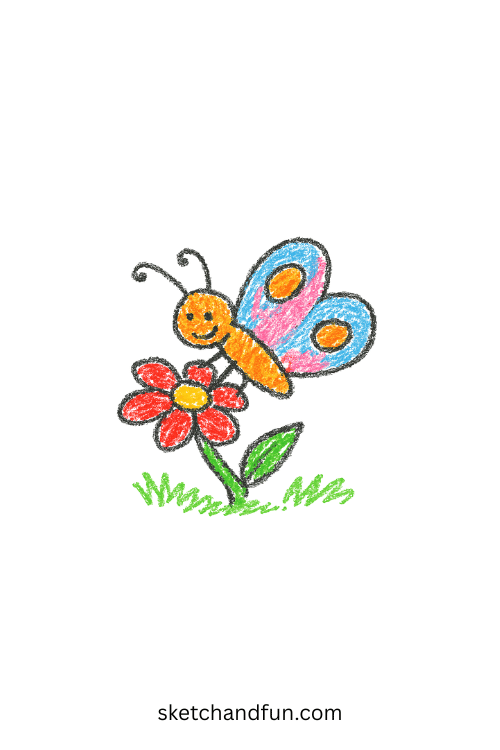 Simple butterfly drawing of a colorful butterfly resting on a flower, beginner insect sketch perfect for kids exploring garden wildlife art.