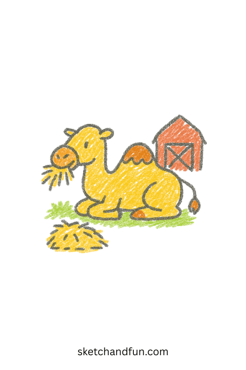 Easy camel drawing of a friendly camel standing by a barn, perfect simple animal art for kids exploring farm and desert creatures.