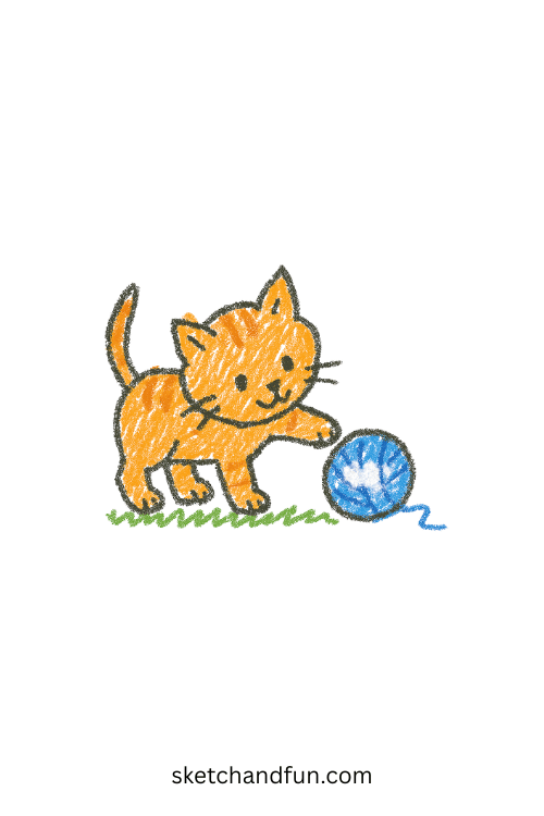 Beginner cat drawing of an adorable kitten playing with yarn, simple pet animal sketch perfect for kids and easy step-by-step animal drawing practice.