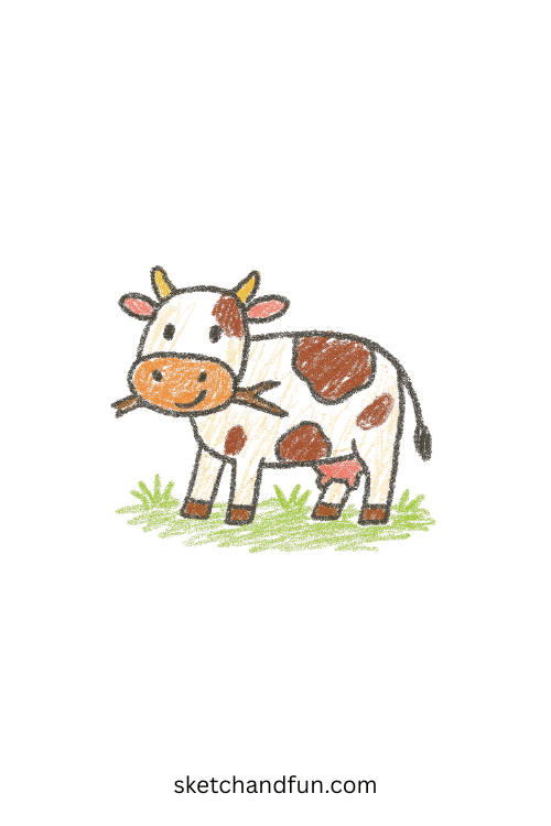 Beginner cow drawing of a cheerful cow standing in a grassy field with a bell on its neck, perfect simple animal art for kids learning farm animal sketches.