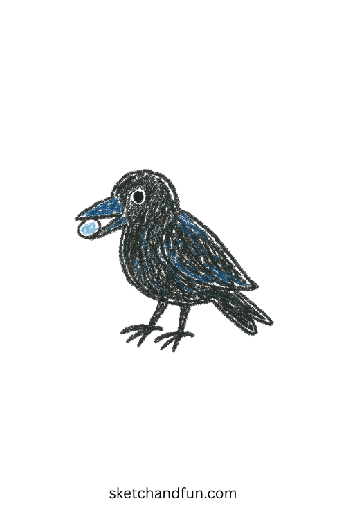 Beginner crow drawing of a clever crow holding a shiny pebble, simple bird sketch idea for kids learning easy animal drawings step by step.