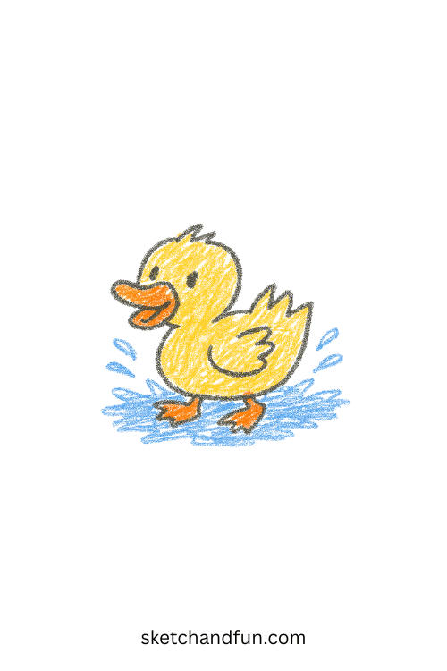 Beginner duck drawing of a fluffy duckling splashing in a pond, easy animal art idea for kids learning how to draw cute birds and farm creatures.