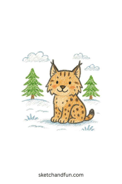 Easy lynx drawing showing a lynx perched on a snowy hill, simple animal art idea for kids exploring how to draw wild cats.