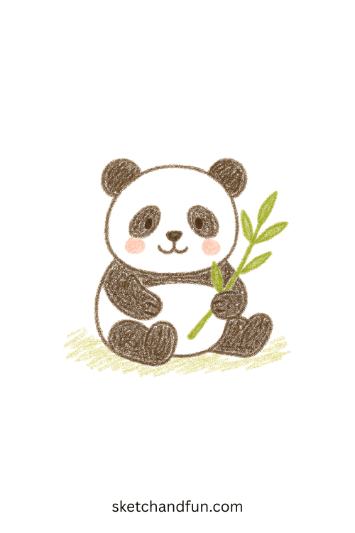 Cute panda drawing of a round panda holding bamboo, beginner-friendly animal sketch idea for kids, perfect for learning how to draw zoo animals step by step.