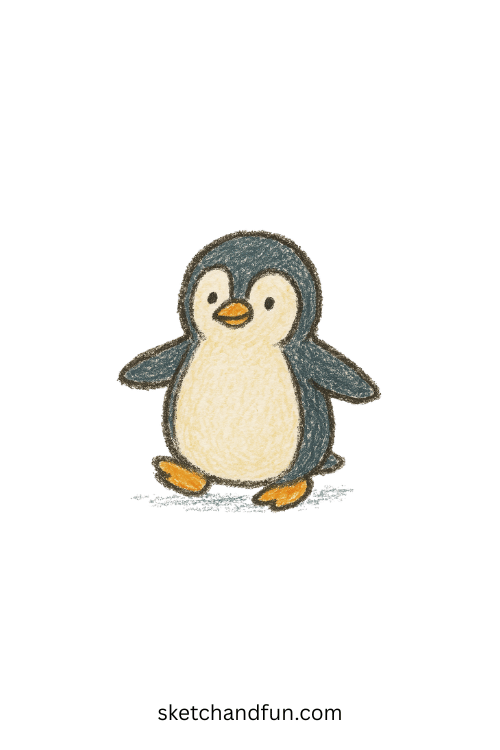 Cute penguin drawing for beginners showing a waddling penguin on snow, beginner-friendly animal art idea perfect for kids and winter wildlife sketches.