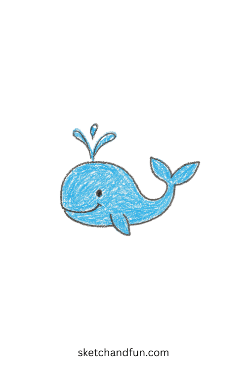 Simple whale drawing for kids showing a baby whale spouting water joyfully, beginner-friendly sea animal art for easy drawing activities.