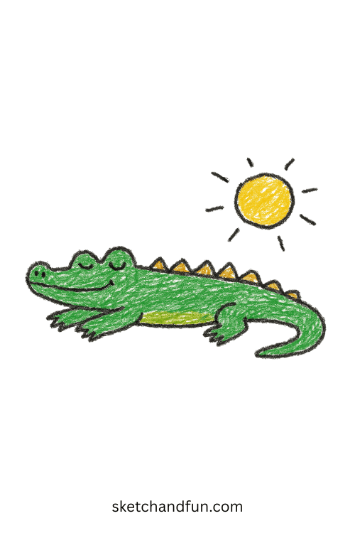 Beginner alligator drawing of a happy alligator basking on a riverbank, simple reptile sketch idea perfect for kidsโ wildlife art projects.