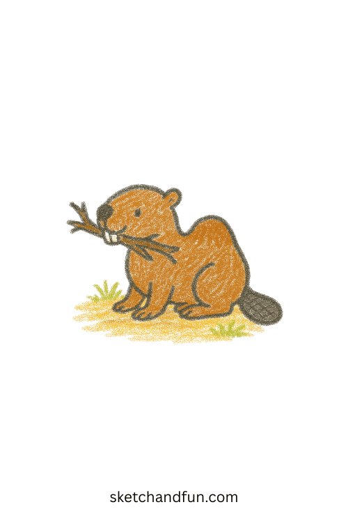Simple beaver drawing of a cheerful beaver holding a stick, beginner animal art perfect for kids and woodland wildlife sketch ideas.