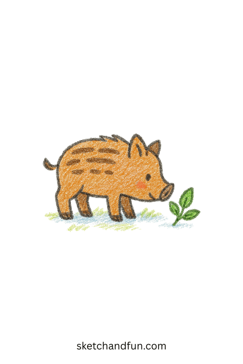 Simple boar drawing of a young boar sniffing leaves, beginner animal art idea for kids exploring forest wildlife sketches.