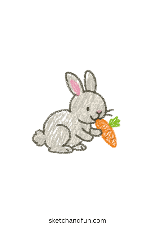 Simple bunny drawing of a fluffy rabbit nibbling a carrot, beginner-friendly pet animal art for kids and easy step-by-step drawing ideas.