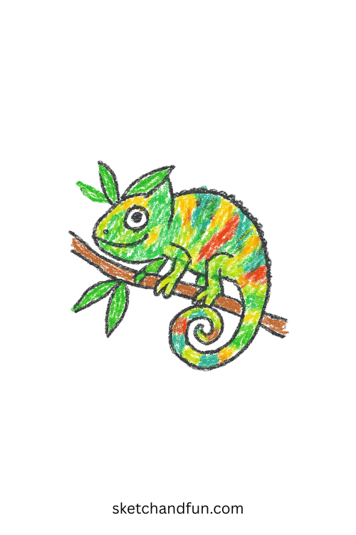 Beginner chameleon drawing showing a colorful chameleon clinging to a branch, simple reptile art idea perfect for kids exploring unique wildlife sketches.