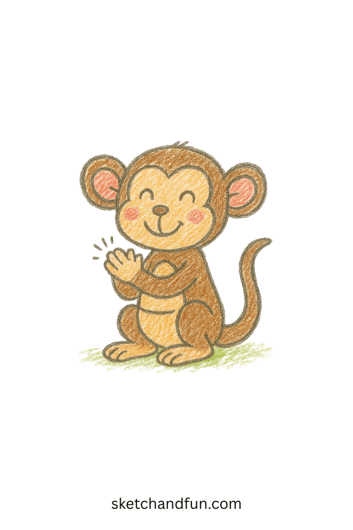 Cute chimpanzee drawing for beginners featuring a young chimp clapping joyfully, perfect simple animal art for kids exploring jungle animals.